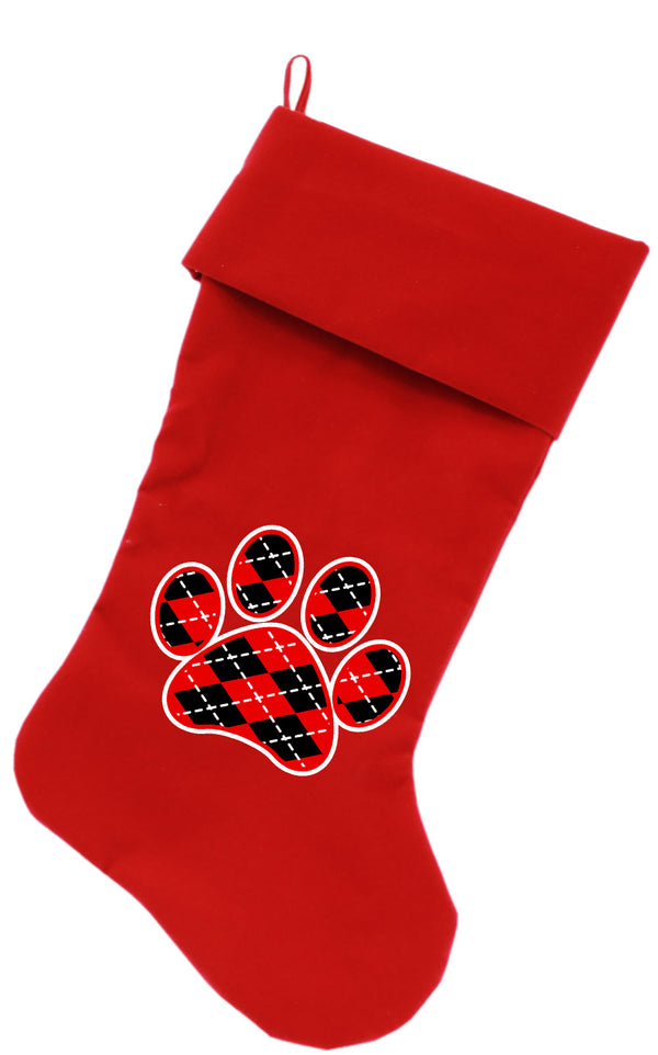 Argyle Paw Red Screen Print 18 Inch Velvet Christmas Stocking Red GreatEagleInc