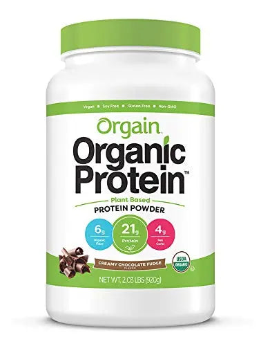 Orgain Organic Plant Based Protein Powder, Creamy Chocolate Fudge - Vegan, Low Net Carbs, Non Dairy, Gluten Free, Lactose Free, No Sugar Added, Soy Free, Kosher, Non-GMO, 2.03 Pound