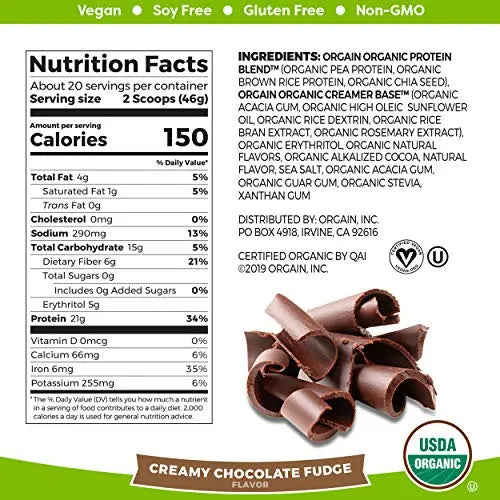 Orgain Organic Plant Based Protein Powder, Creamy Chocolate Fudge - Vegan, Low Net Carbs, Non Dairy, Gluten Free, Lactose Free, No Sugar Added, Soy Free, Kosher, Non-GMO, 2.03 Pound