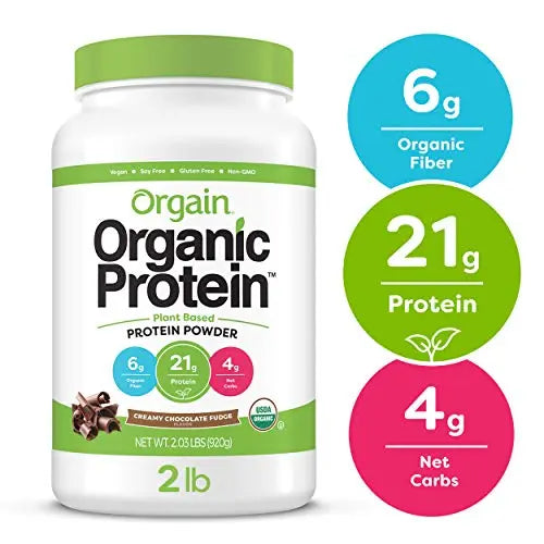 Orgain Organic Plant Based Protein Powder, Creamy Chocolate Fudge - Vegan, Low Net Carbs, Non Dairy, Gluten Free, Lactose Free, No Sugar Added, Soy Free, Kosher, Non-GMO, 2.03 Pound