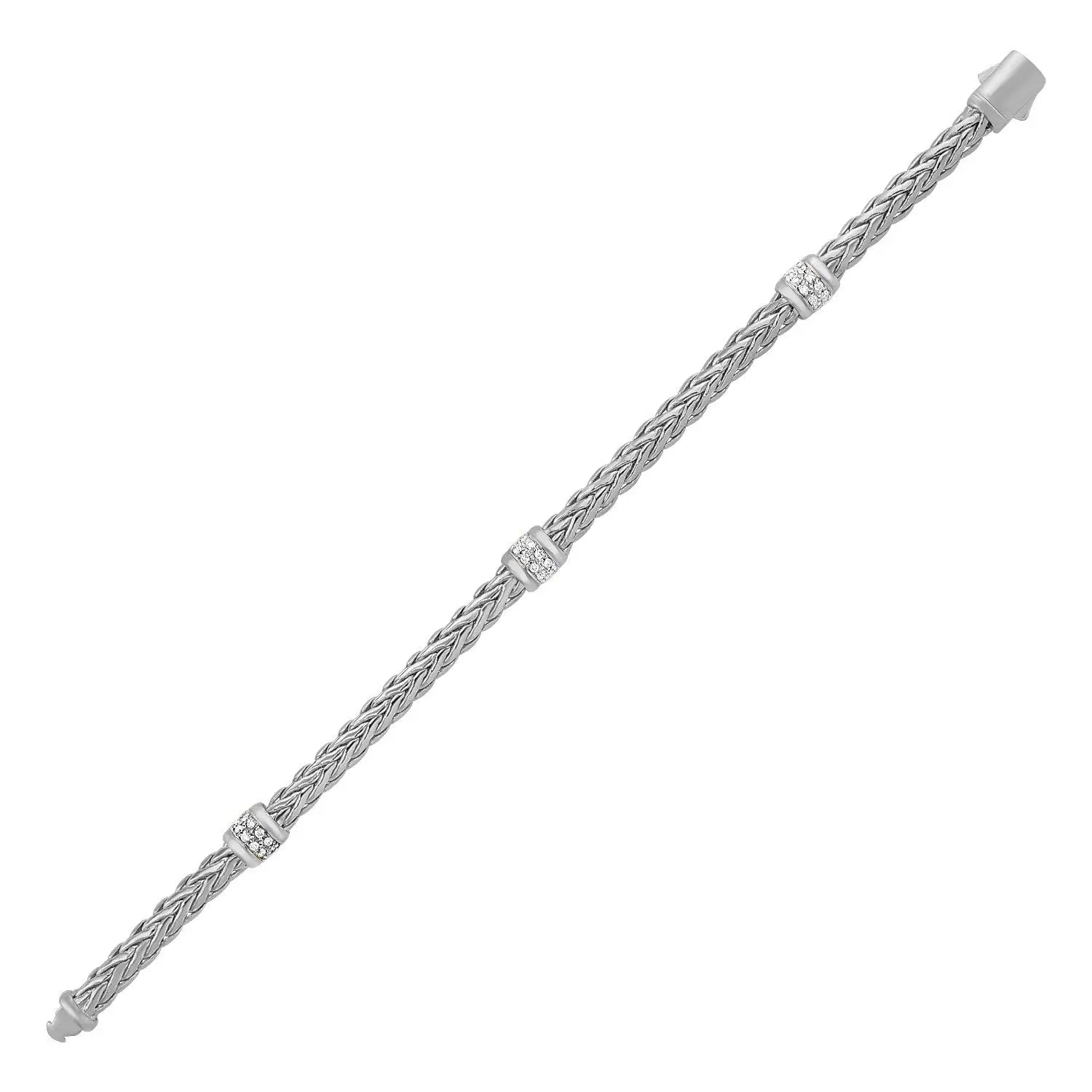 Polished Woven Rope Bracelet with Diamond Accents in 14k White Gold 7.5"