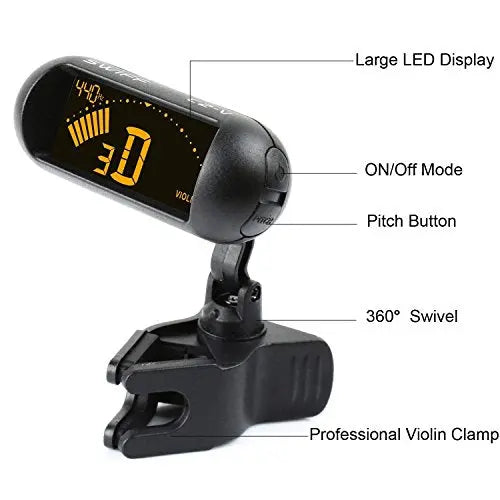 Rinastore Professional Violin Viola Tuner, Clip-On Large LCD Screen Tuner (Black)
