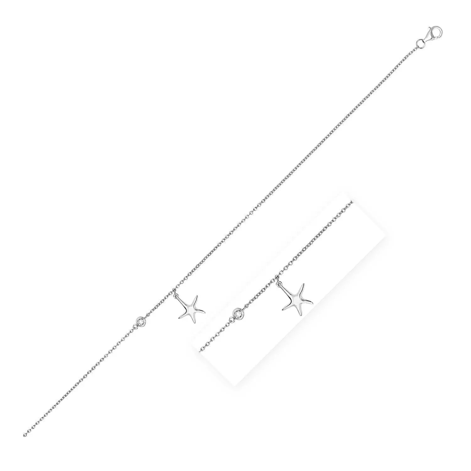 Sterling Silver Anklet with Starfish Charm and Cubic Zirconia 10"