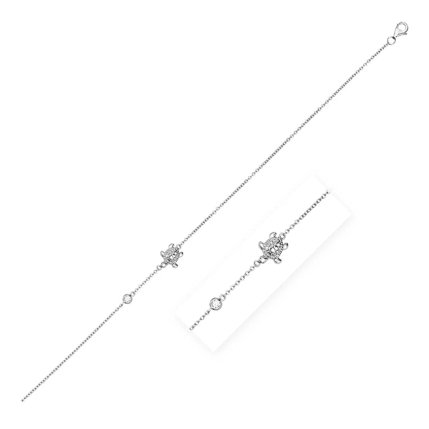 Sterling Silver Anklet with Textured Turtle and Cubic Zirconia 10"