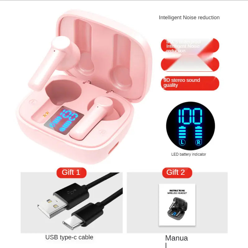 TWS Wireless Headphone Touch Control Sports Waterproof Bluetooth 5.0 Earphone HiFi 9D Bass Stereo Music Earbuds Earphone Headset Pink