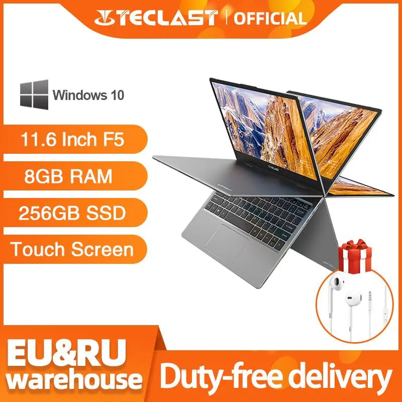 Teclast F5 Laptop Intel 8GB RAM 256GB SSD Windows10 1920*1080 Quick Charge 360 Rotating Touch Screen 11.6" Notebook PC - GreatEagleInc