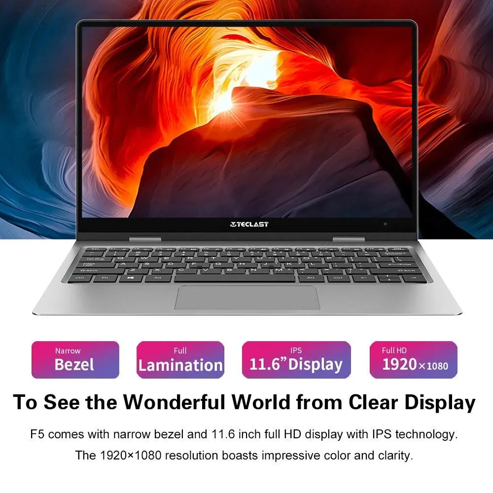 Teclast F5 Laptop Intel 8GB RAM 256GB SSD Windows10 1920*1080 Quick Charge 360 Rotating Touch Screen 11.6" Notebook PC - GreatEagleInc