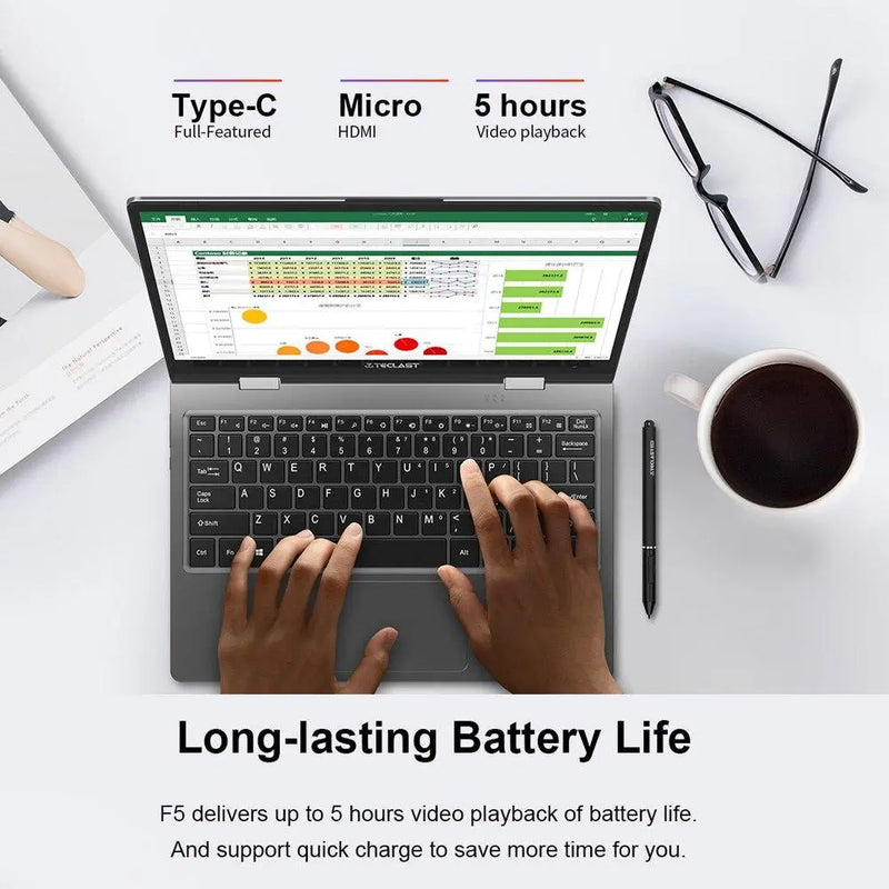 Teclast F5 Laptop Intel 8GB RAM 256GB SSD Windows10 1920*1080 Quick Charge 360 Rotating Touch Screen 11.6" Notebook PC - GreatEagleInc