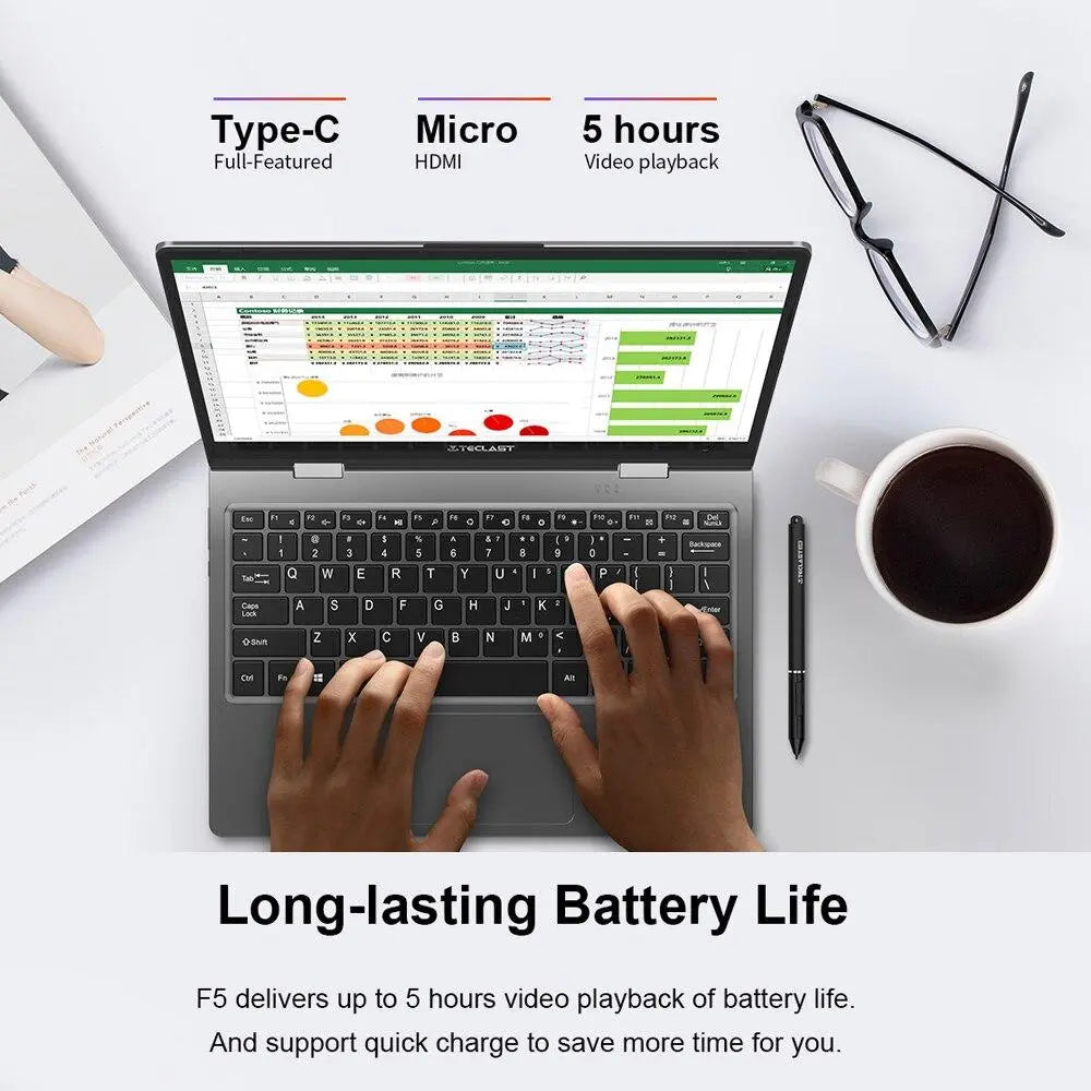 Teclast F5 Laptop Intel 8GB RAM 256GB SSD Windows10 1920*1080 Quick Charge 360 Rotating Touch Screen 11.6" Notebook PC - GreatEagleInc