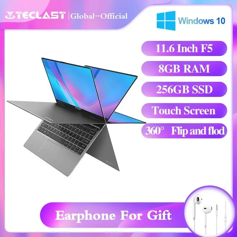Teclast F5 laptop 11.6" Windows10 Intel Celeron N4100 8GB RAM 256GB SSD 360°Rotating 1920*1080 IPS Touch Screen Type-C NotebooK - GreatEagleInc