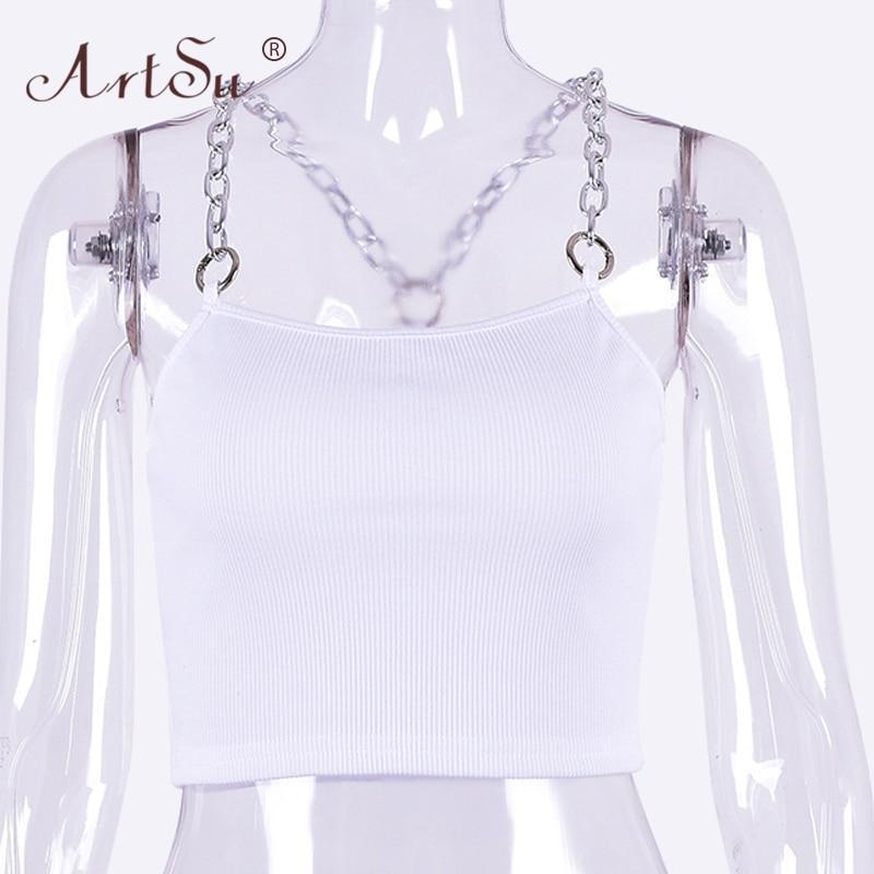 ArtSu Metal Chain Straps Sexy Cropped Tank Top Women 2020 Streetwear Club Crop Top Summer Vest Fashion Black White Green Tops GreatEagleInc