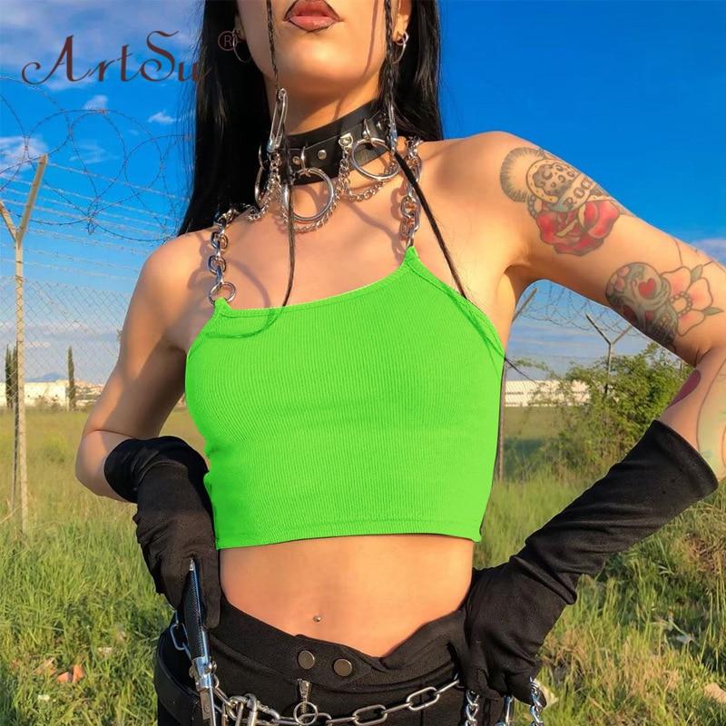 ArtSu Metal Chain Straps Sexy Cropped Tank Top Women 2020 Streetwear Club Crop Top Summer Vest Fashion Black White Green Tops GreatEagleInc