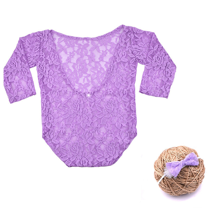 Baby Photography Props Clothing with Headband Hollow Bowknot Lace Romper Newborn Girls Outfit