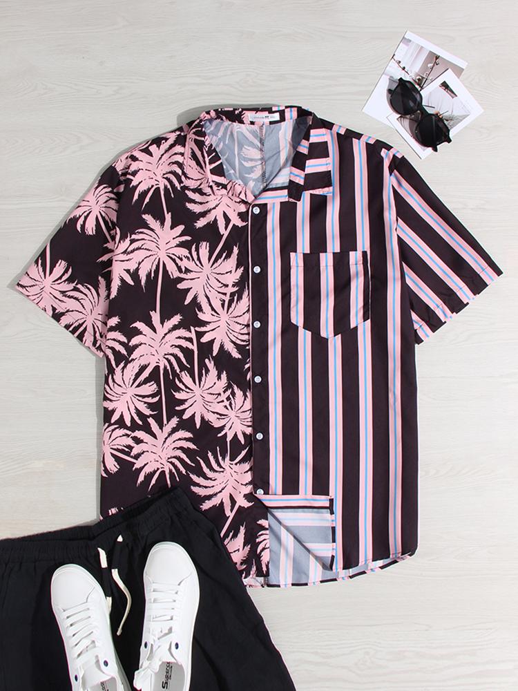 Banggood Design Men Coconut Tree Colorful Stripe Mixed Print Short Sleeve Casual Holiday Shirts GreatEagleInc