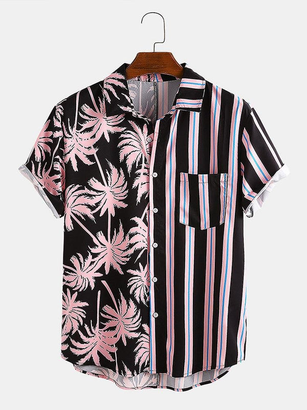 Banggood Design Men Coconut Tree Colorful Stripe Mixed Print Short Sleeve Casual Holiday Shirts GreatEagleInc