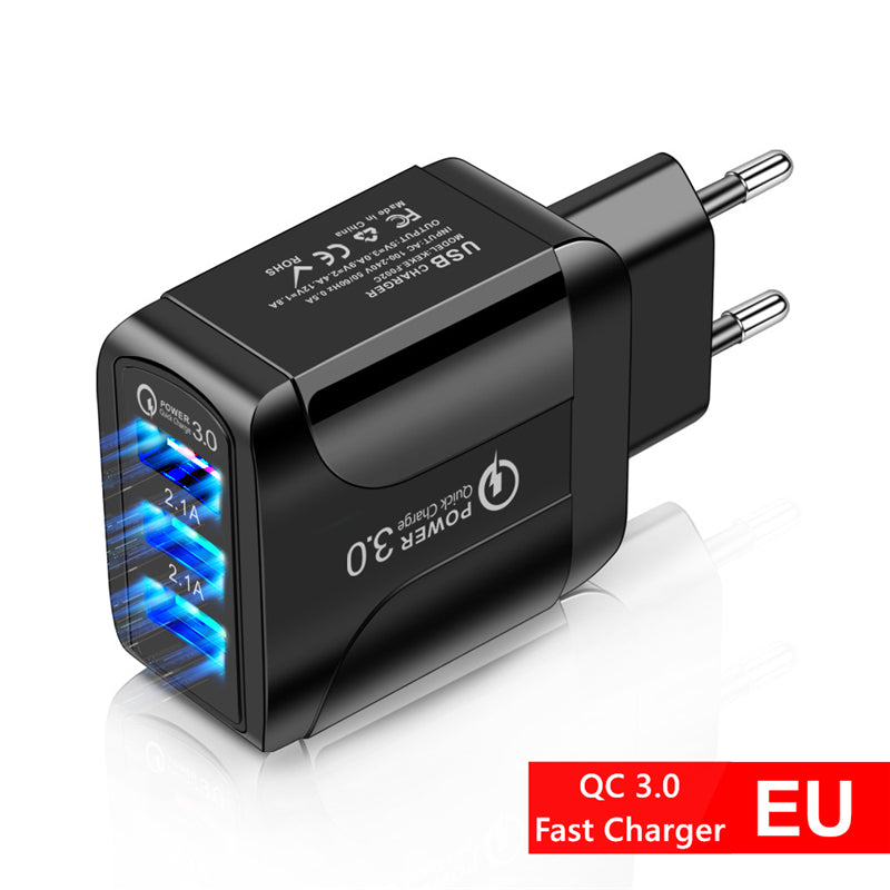 Smart Wireless Monitor Current and Voltage 5V Cell Phone Fast Charging Plug Multi-port USB Adapter with Display Screen QC Charger EU Black