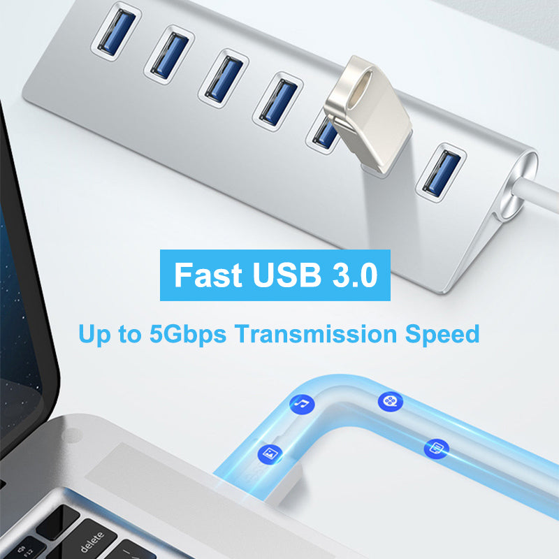 7-port USB 3.0 Hub Aluminum Alloy 60cm Cable Portable Upto 5Gbps Super Speed Anti-slip Charging Splitter For Laptop Desktop