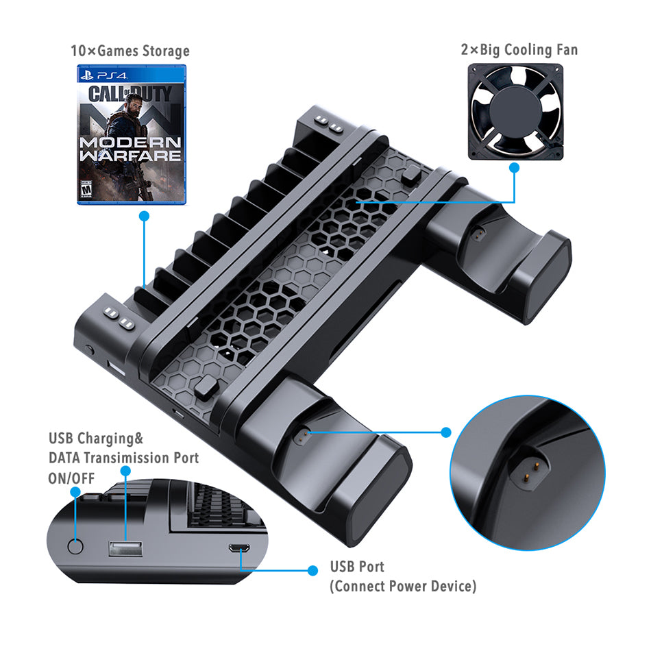 Dual Controller Charger For Playstation 4 /PS4 Slim/PS4 Pro Console Vertical Cooling Stand Charging Station 4 Connector