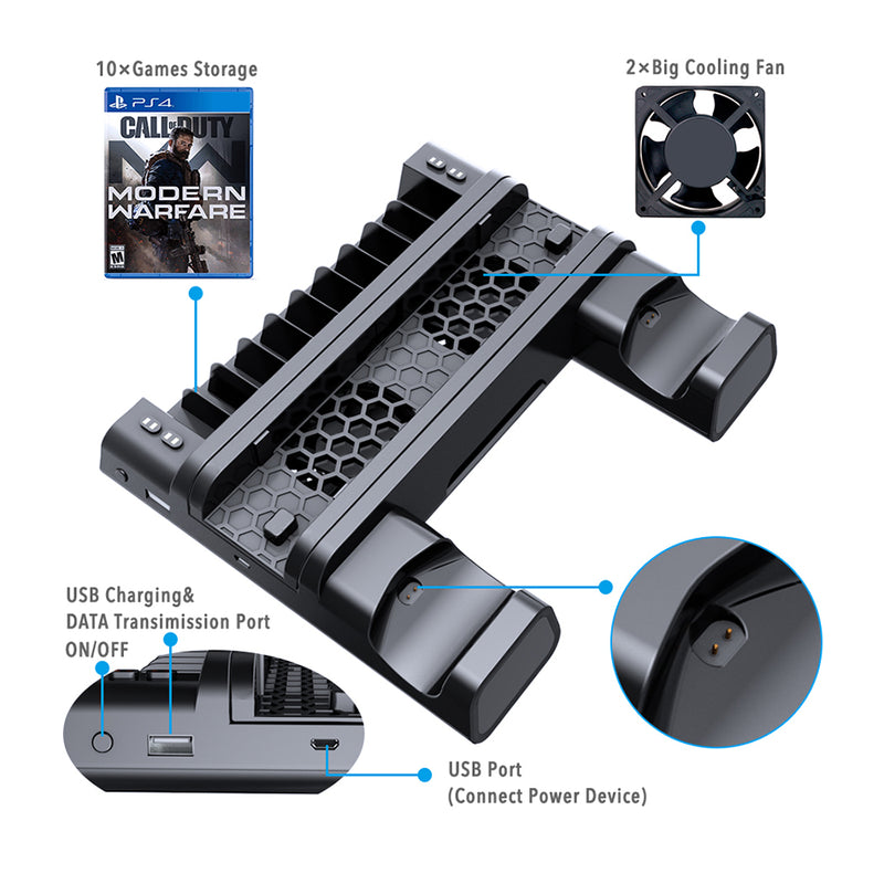 Dual Controller Charger For Playstation 4 /PS4 Slim/PS4 Pro Console Vertical Cooling Stand Charging Station 4 Connector