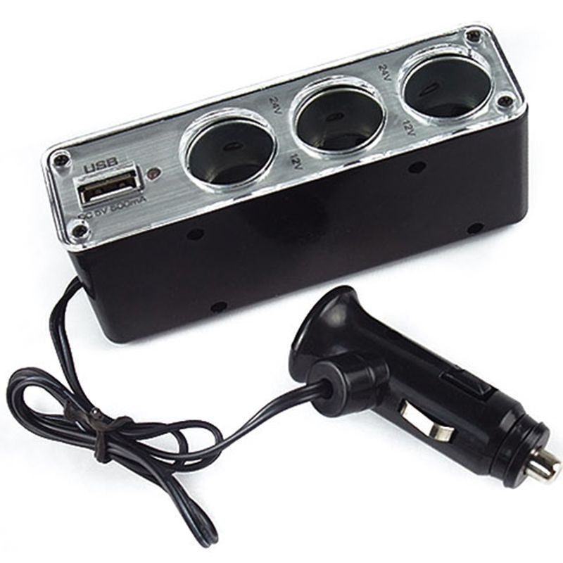 3 Way Car Cigarette Lighter Socket Splitter Charger Power Adapter DC+USB Port Plug 12V-24V