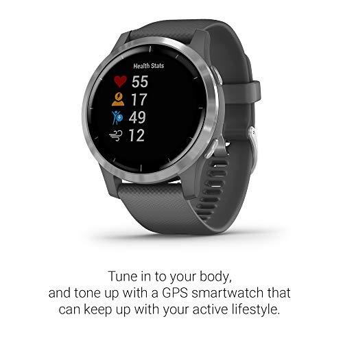 Garmin vivoactive 4, GPS Smartwatch, Features Music, Body Energy Monitoring, Animated Workouts, Pulse Ox Sensors and More, Silver with Gray Band