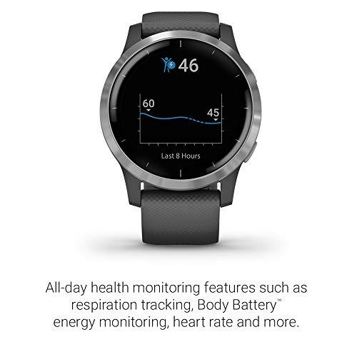 Garmin vivoactive 4, GPS Smartwatch, Features Music, Body Energy Monitoring, Animated Workouts, Pulse Ox Sensors and More, Silver with Gray Band Garmin