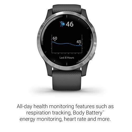 Garmin vivoactive 4, GPS Smartwatch, Features Music, Body Energy Monitoring, Animated Workouts, Pulse Ox Sensors and More, Silver with Gray Band