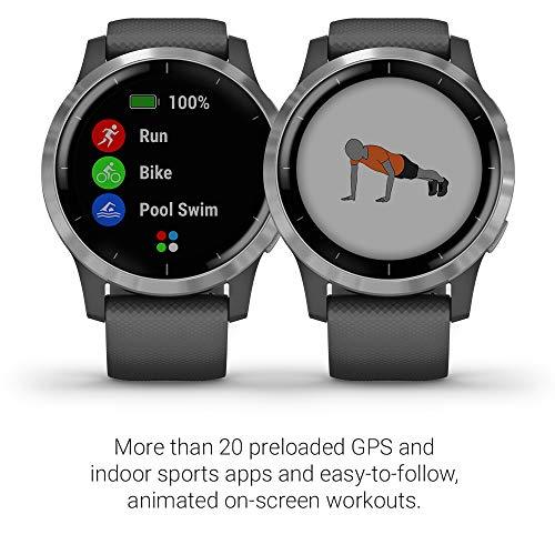 Garmin vivoactive 4, GPS Smartwatch, Features Music, Body Energy Monitoring, Animated Workouts, Pulse Ox Sensors and More, Silver with Gray Band