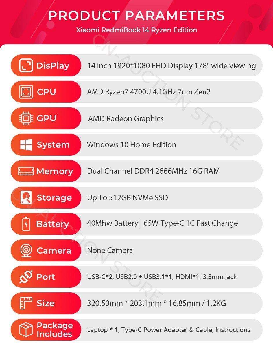 Xiaomi RedmiBook 14 inch Laptop II AMD Ryzen 7 4700U 16G DDR4 512GB SSD Notebook 1920*1080 FHD Ultra-thin Windows 10 Laptop (R7 16G 512G) GreatEagleInc